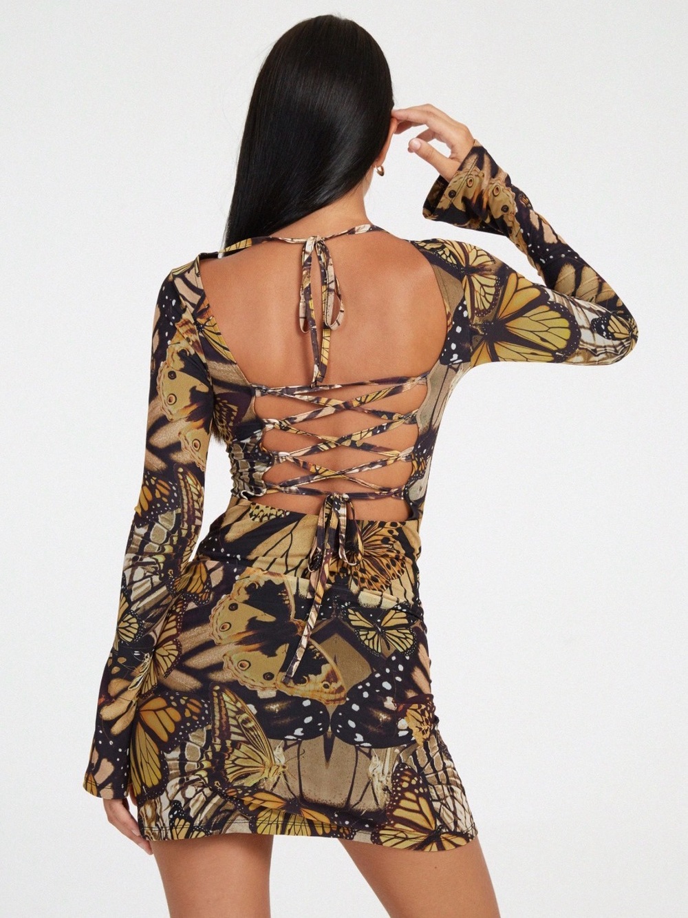 Motel Rocks Butterfly Print Long-Sleeve Mini Dress - Yellow/Black - Picture 5 of 5